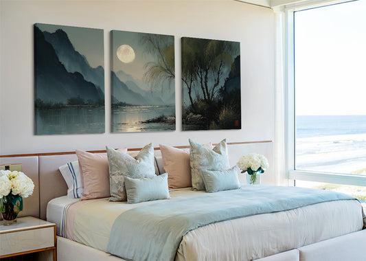 Moonlit River Mountain Landscape Canvas Wall Art – Single & 3 Panel Split – AI PRINT LAB