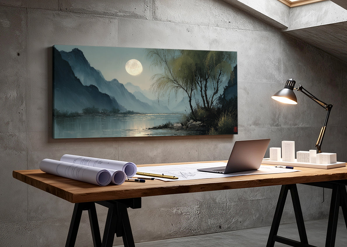 Moonlit River Mountain Landscape Canvas Wall Art – Single & 3 Panel Split – AI PRINT LAB