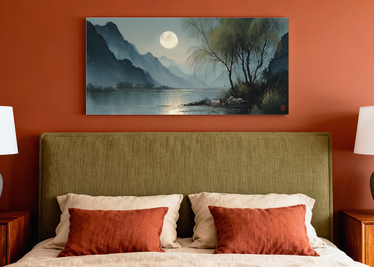 Moonlit River Mountain Landscape Canvas Wall Art – Single & 3 Panel Split – AI PRINT LAB