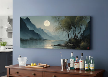 Moonlit River Mountain Landscape Canvas Wall Art – Single & 3 Panel Split – AI PRINT LAB