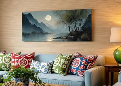 Moonlit River Mountain Landscape Canvas Wall Art – Single & 3 Panel Split – AI PRINT LAB