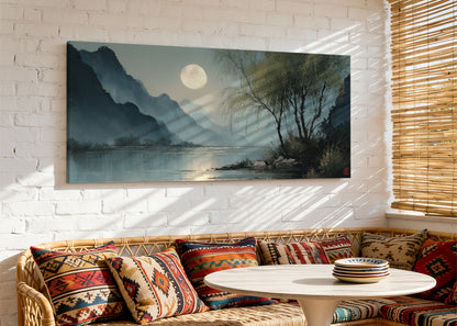 Moonlit River Mountain Landscape Canvas Wall Art – Single & 3 Panel Split – AI PRINT LAB