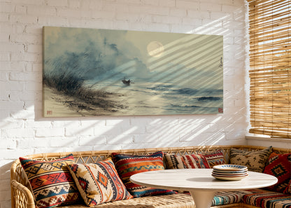 Moonlit Seaside Oriental Canvas Wall Art – Single & 3 Panel Split – AI PRINT LAB