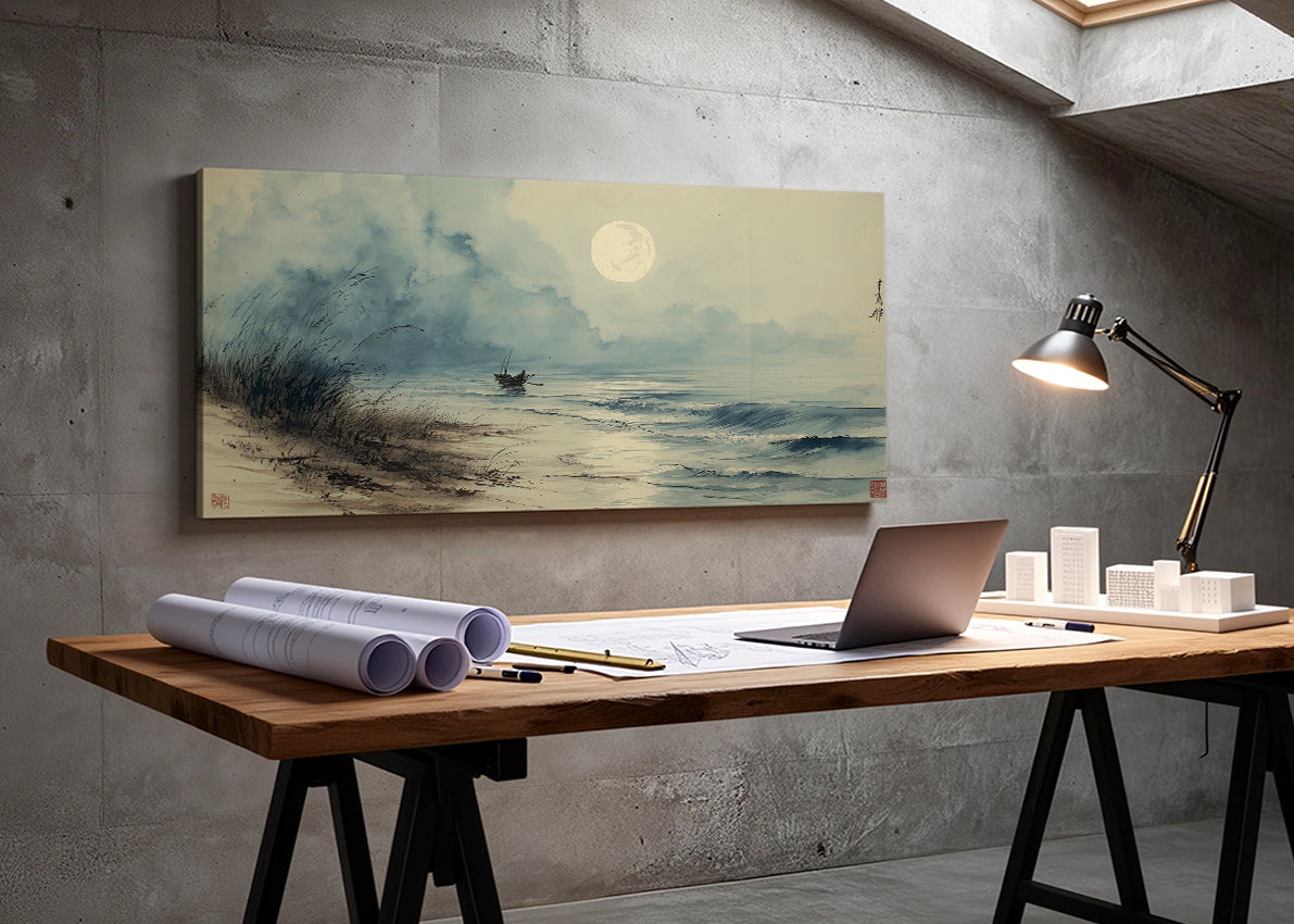 Moonlit Seaside Oriental Canvas Wall Art – Single & 3 Panel Split – AI PRINT LAB