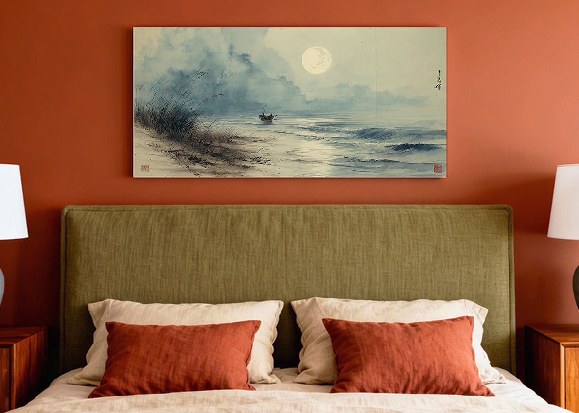 Moonlit Seaside Oriental Canvas Wall Art – Single & 3 Panel Split – AI PRINT LAB