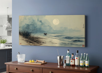 Moonlit Seaside Oriental Canvas Wall Art – Single & 3 Panel Split – AI PRINT LAB