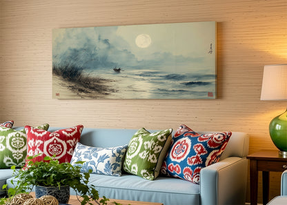 Moonlit Seaside Oriental Canvas Wall Art – Single & 3 Panel Split – AI PRINT LAB