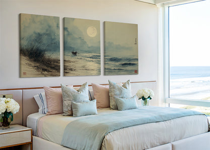 Moonlit Seaside Oriental Canvas Wall Art – Single & 3 Panel Split – AI PRINT LAB