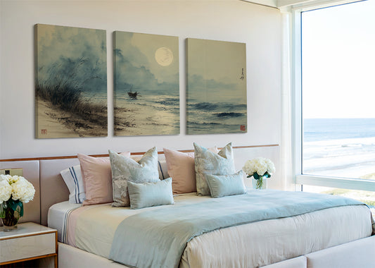 Moonlit Seaside Oriental Canvas Wall Art – Single & 3 Panel Split – AI PRINT LAB