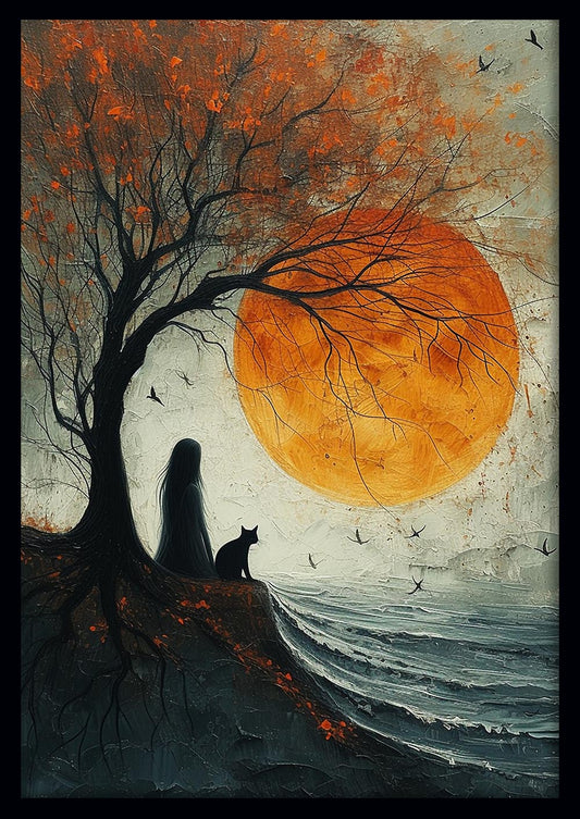Moonlit Solitude – Gothic Girl & Cat by the Sea Canvas & Poster Wall Art – T1031 – AiPrintLab
