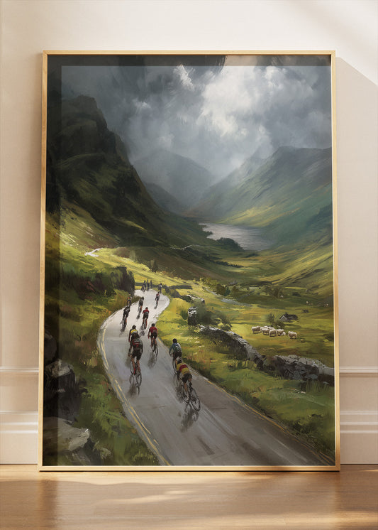 Mountain Valley Cycling Poster & Canvas Art Print – Peloton Riding Through Green Highland Road