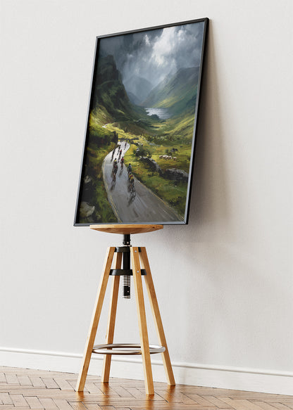 Mountain Valley Cycling Poster & Canvas Art Print – Peloton Riding Through Green Highland Road