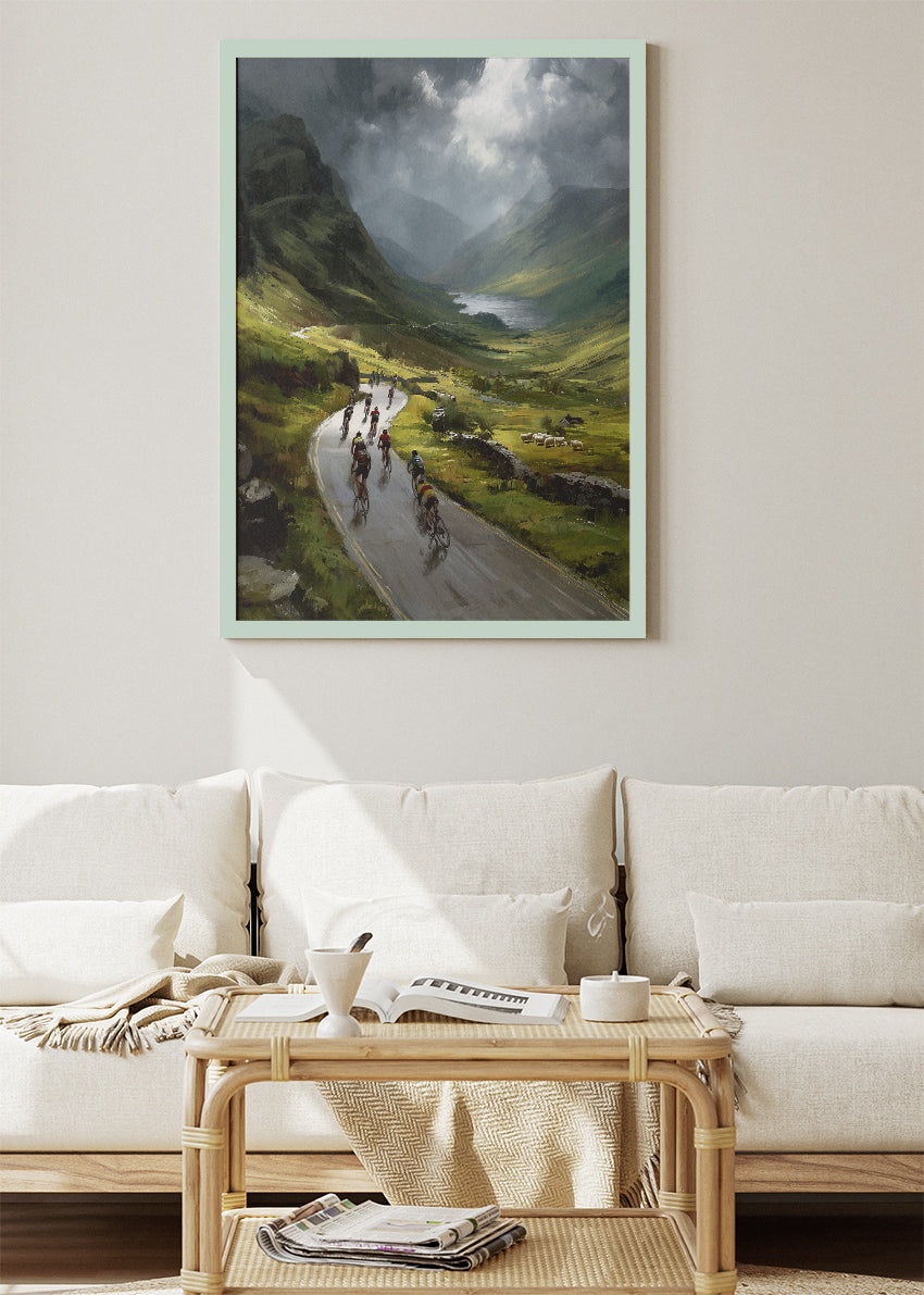 Mountain Valley Cycling Poster & Canvas Art Print – Peloton Riding Through Green Highland Road