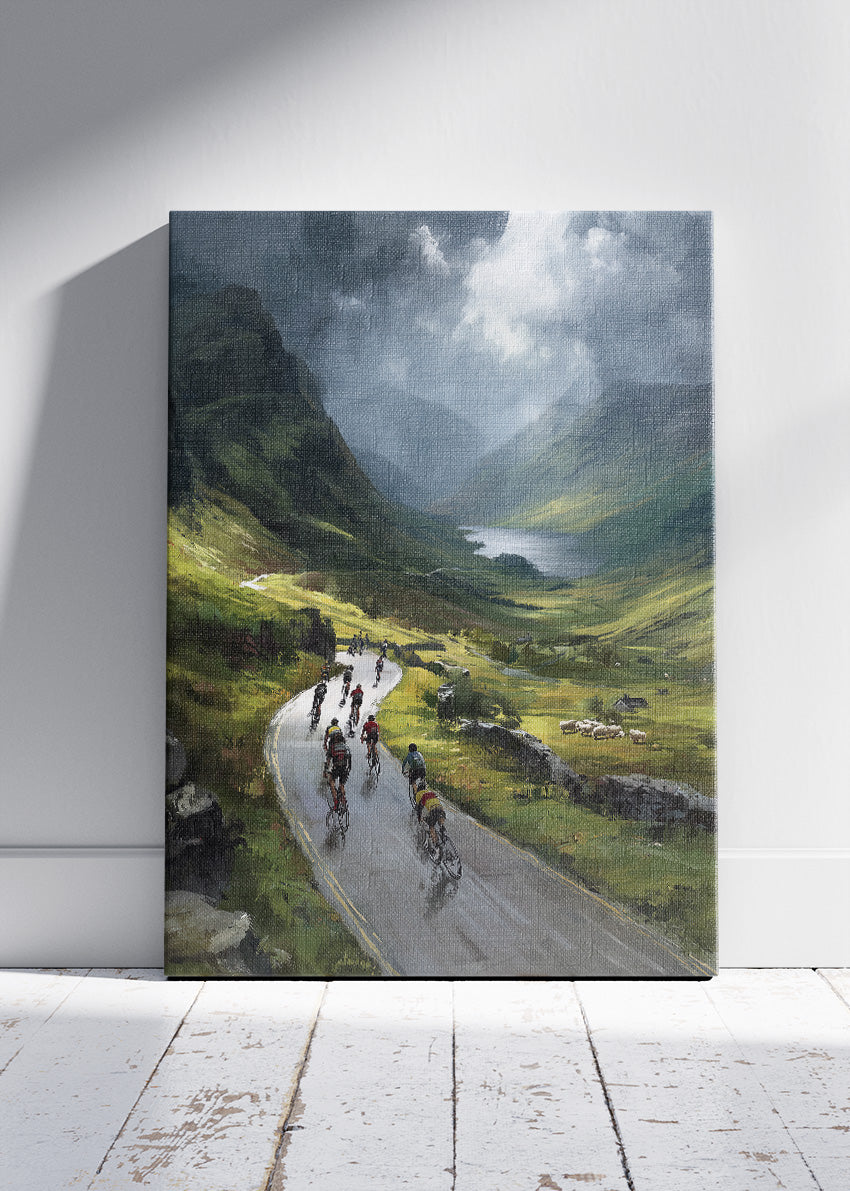 Mountain Valley Cycling Poster & Canvas Art Print – Peloton Riding Through Green Highland Road
