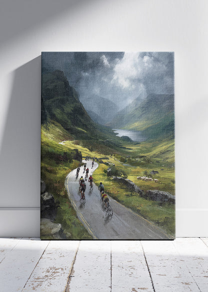 Mountain Valley Cycling Poster & Canvas Art Print – Peloton Riding Through Green Highland Road