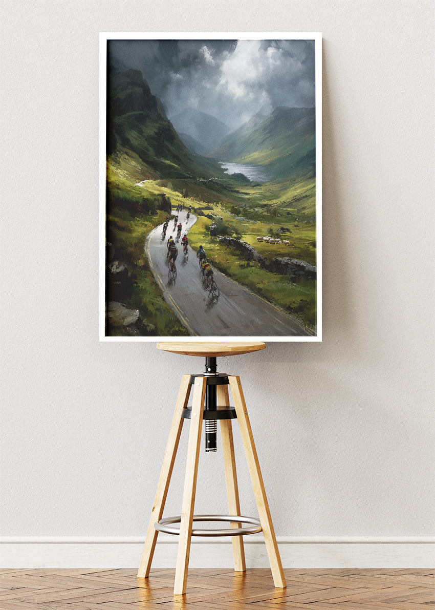 Mountain Valley Cycling Poster & Canvas Art Print – Peloton Riding Through Green Highland Road