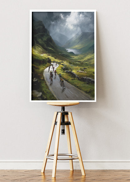 Mountain Valley Cycling Poster & Canvas Art Print – Peloton Riding Through Green Highland Road