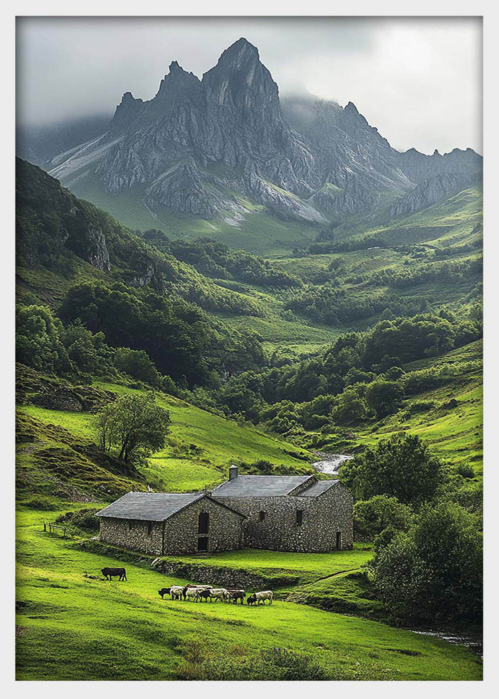 Mountain Valley Farmhouse Wall Art – Scenic Countryside Canvas & Poster Print – T1389 –