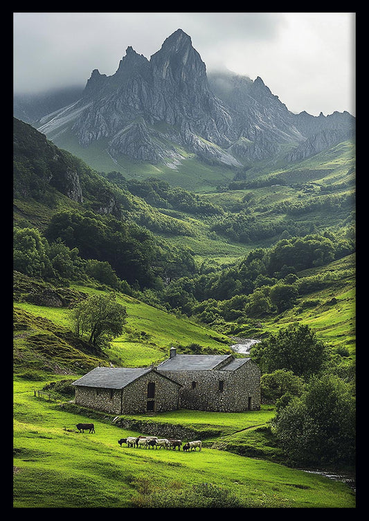 Mountain Valley Farmhouse Wall Art – Scenic Countryside Canvas & Poster Print – T1389 –