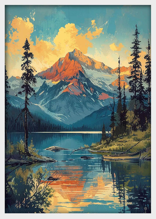 Mountain Lake Sunset Canvas Wall Art & Poster Print | Serene Alpine Landscape Painting – T1356 – Aiprintlab