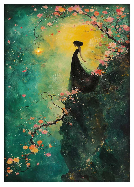 Mystic Blossom Cliffside Girl – Fantasy Canvas & Poster Wall Art – T794 – AiPrintLab