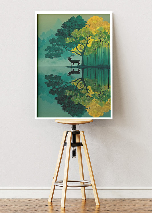 Mystic Forest Deer Reflection Landscape Canvas & Poster Print – AI PRINT LAB