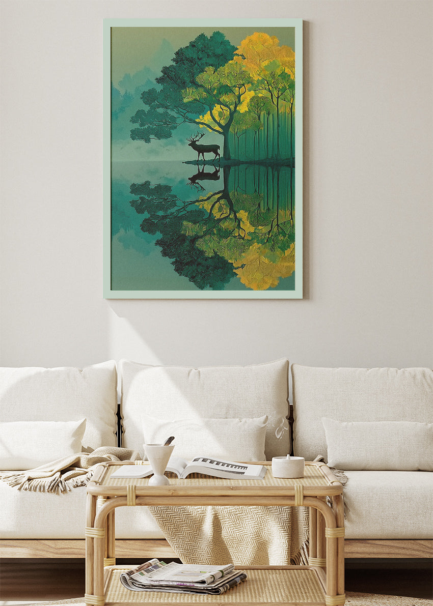 Mystic Forest Deer Reflection Landscape Canvas & Poster Print – AI PRINT LAB