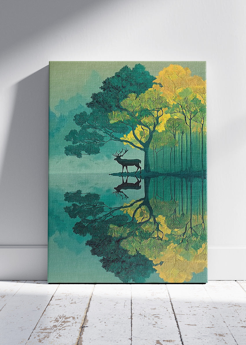 Mystic Forest Deer Reflection Landscape Canvas & Poster Print – AI PRINT LAB