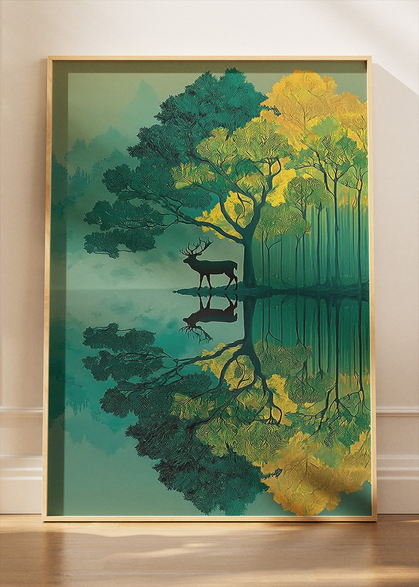 Mystic Forest Deer Reflection Landscape Canvas & Poster Print – AI PRINT LAB