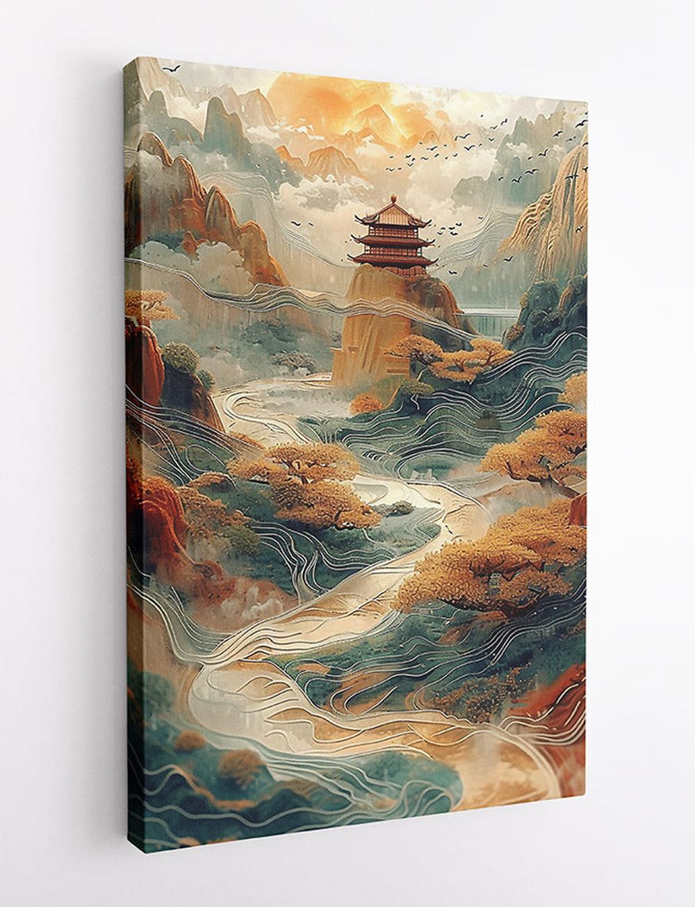 Mystical Asian Landscape with Temple Canvas Art & Poster – T708 – AiPrintLab