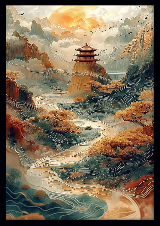 Mystical Asian Landscape with Temple Canvas Art & Poster – T708 – AiPrintLab
