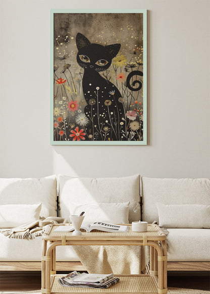 Mystical Black Cat in Wildflowers Canvas Print & Poster – Enchanted Animal Wall Art
