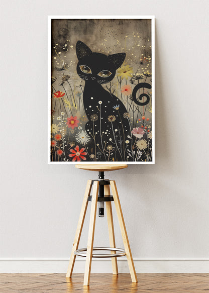 Mystical Black Cat in Wildflowers Canvas Print & Poster – Enchanted Animal Wall Art