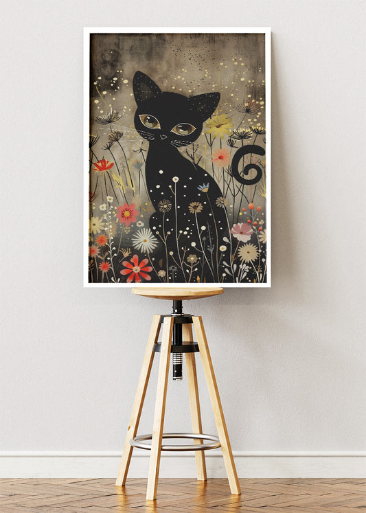 Mystical Black Cat in Wildflowers Canvas Print & Poster – Enchanted Animal Wall Art