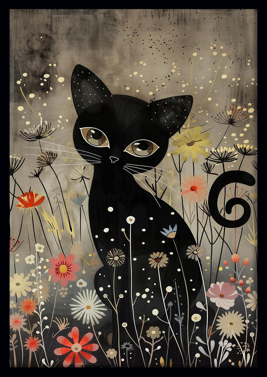 Mystical Black Cat in Wildflowers – Whimsical Canvas & Poster Wall Art – T1041 – AiPrintLab