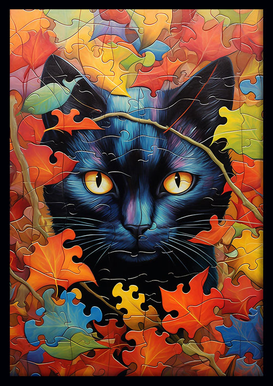Mystical Black Cat with Autumn Leaves Art Print & Canvas – T737 – AiPrintLab