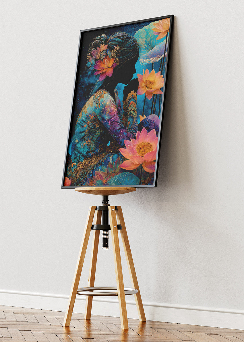 Mystical Lotus Woman Wall Art – Blue and Gold Fantasy Silhouette Canvas Print & Modern Floral Statement Poster for Living Room Decor UK