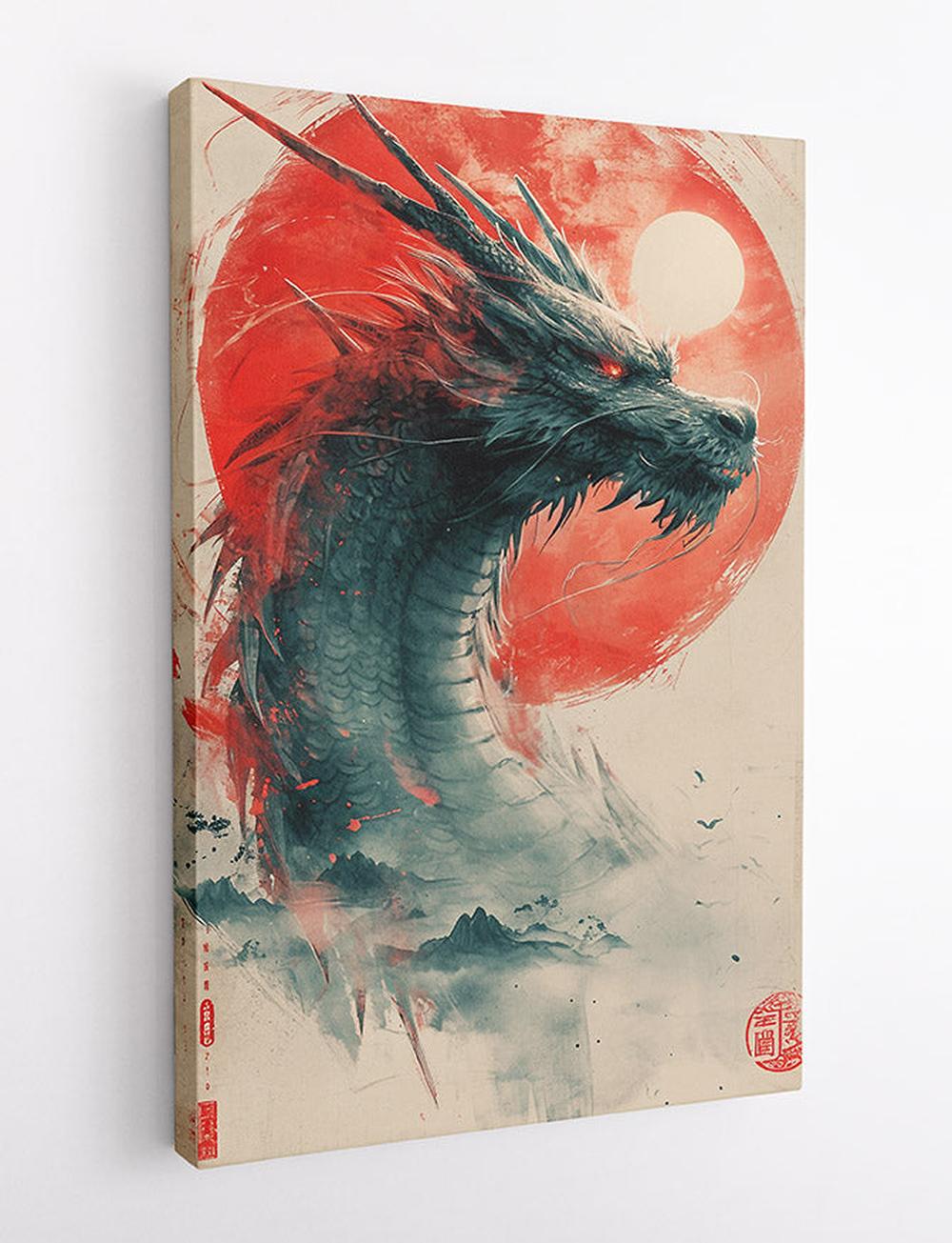 Mythical Eastern Dragon with Red Sun Canvas Art & Poster – T652 – AiPrintLab