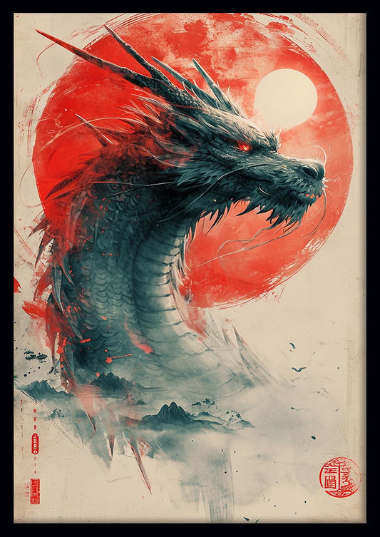 Mythical Eastern Dragon with Red Sun Canvas Art & Poster – T652 – AiPrintLab