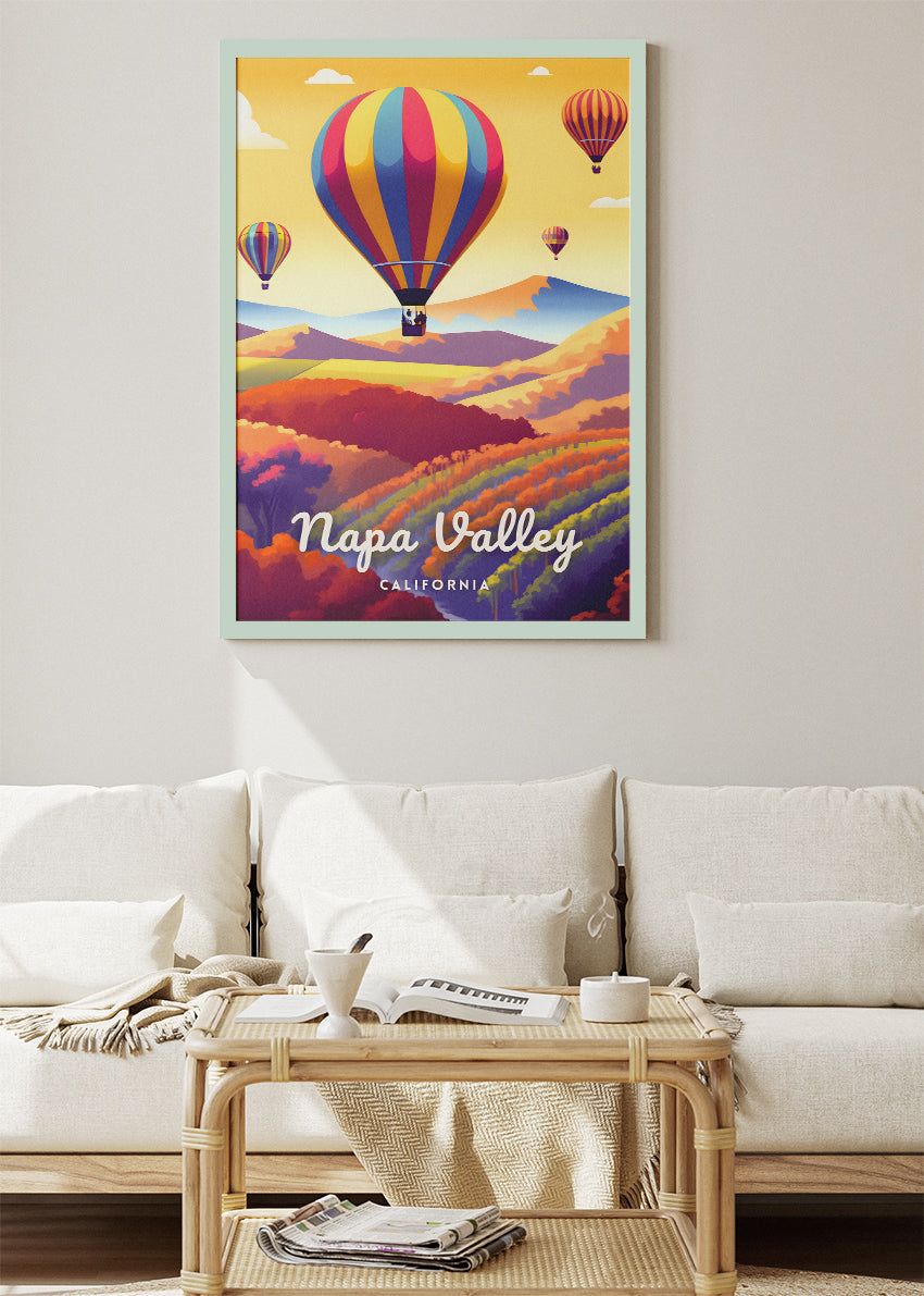 Napa Valley California Poster & Canvas Print – Hot Air Balloons & Vineyard Hills Illustration
