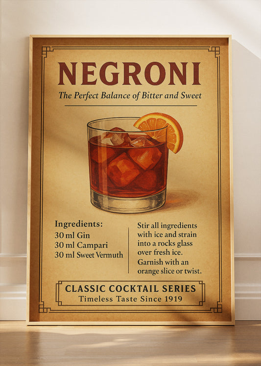 Negroni Vintage Cocktail Poster & Canvas Print | Classic Bar Wall Art