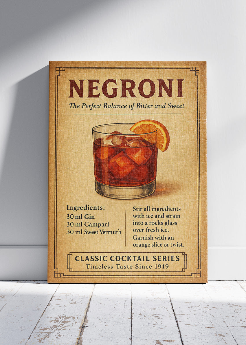 Negroni Vintage Cocktail Poster & Canvas Print | Classic Bar Wall Art