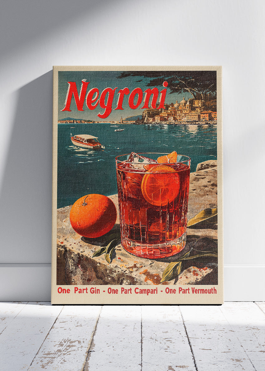 Negroni Vintage Italian Cocktail Poster & Canvas Print | Retro Mediterranean Bar Wall Art