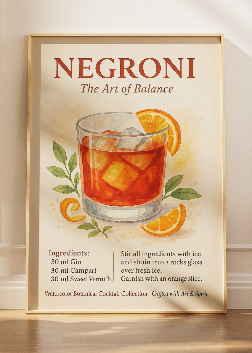 Negroni Watercolor Cocktail Poster & Canvas Print | Botanical Bar Wall Art