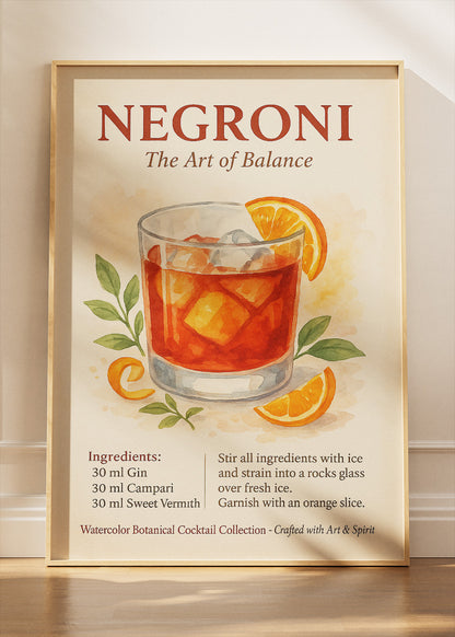 Negroni Watercolor Cocktail Poster & Canvas Print | Botanical Bar Wall Art