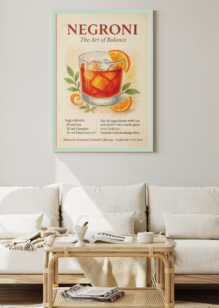 Negroni Watercolor Cocktail Poster & Canvas Print | Botanical Bar Wall Art