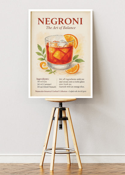 Negroni Watercolor Cocktail Poster & Canvas Print | Botanical Bar Wall Art