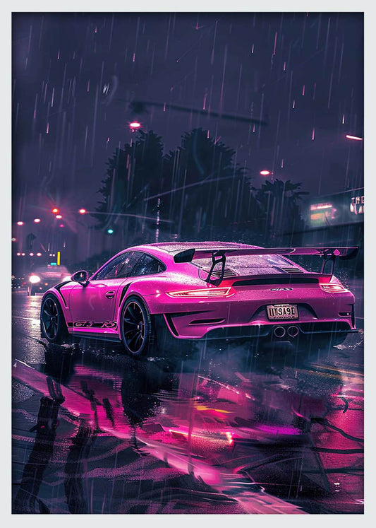 Neon Pink Porsche in Rain – Futuristic Street Racing Canvas & Poster Wall Art – T1277 – AiPrintLab