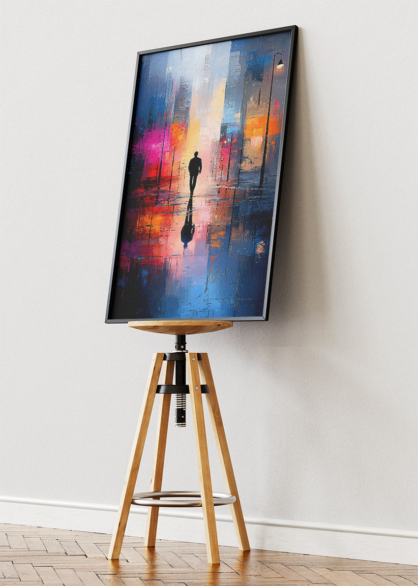 Neon Reflections in the Rain – Modern City Silhouette Wall Art – AI PRINT LAB