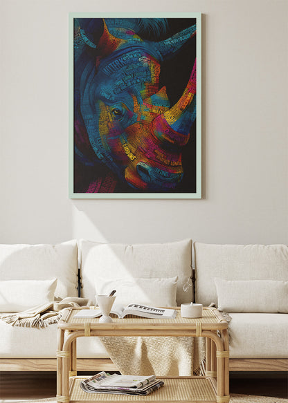 Neon Rhino Typography Art Canvas Print & Poster – Modern Luxury Wildlife Wall Art